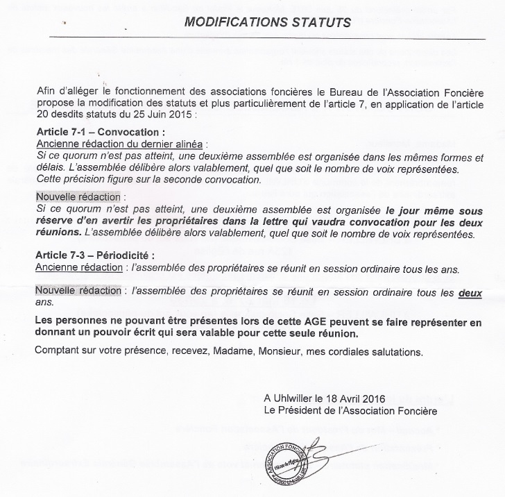 Association foncière - Modification des statuts - 2016 04 16